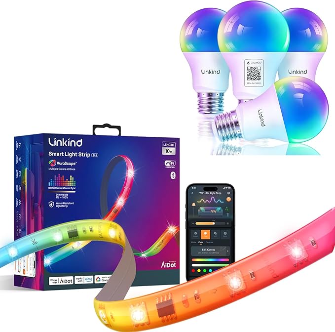 Linkind Matter Smart Light Bulb 4 Pack and LED Strip Lights RGB 10ft Compatible with Alexa and Google Home
