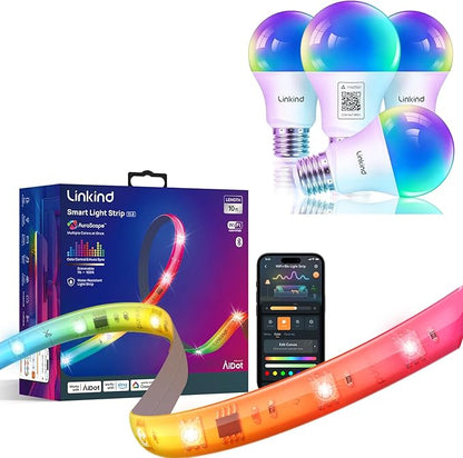 Linkind Matter Smart Light Bulb 4 Pack and LED Strip Lights RGB 10ft Compatible with Alexa and Google Home