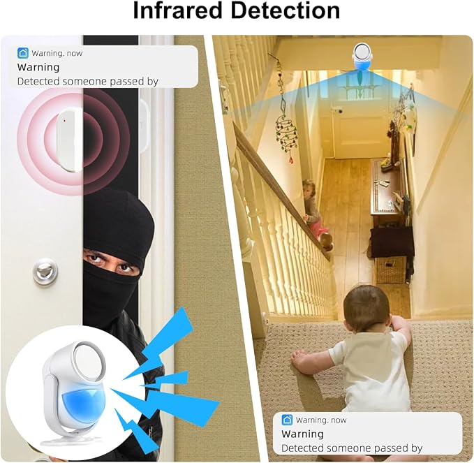 WiFi PIR Motion Detector Alarm with 4 Door Sensors and 2 Remote, Home Alarm System with Phone APP Alert for Home Ranch Van Carport Shop120db Extra Loud