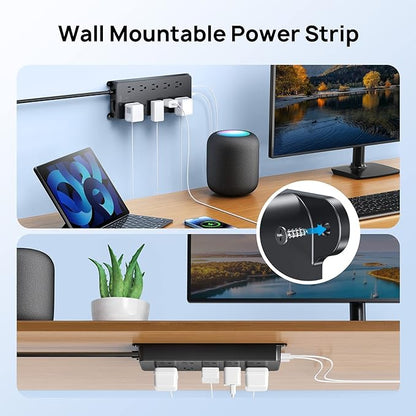 TROND Power Strip Surge Protector, Flat Plug 15ft Long Extension Cord, 10 Widely Spaced AC Outlets, 2 USB A & 2 USB C Ports, 4000J, ETL Listed, Wall Mountable, for Home Office Entertainment, Black