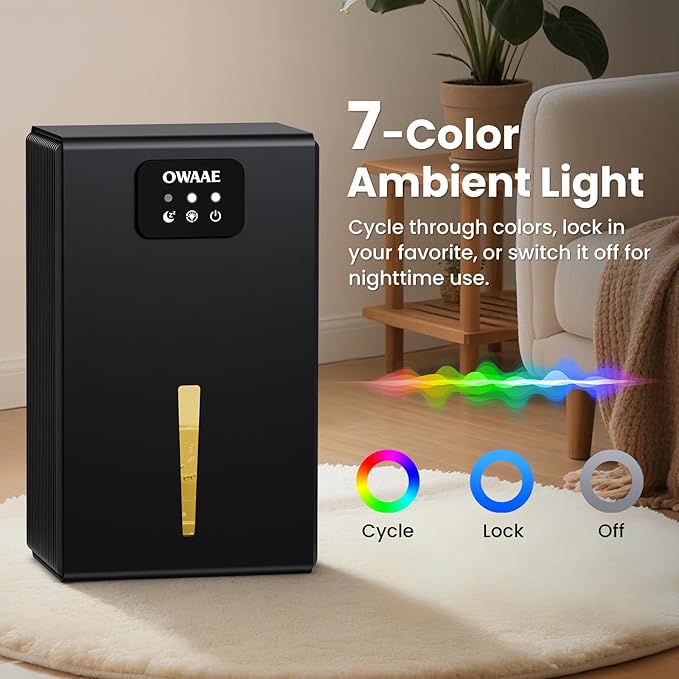 Dehumidifier, 1000 sq.ft Quiet Dehumidifiers for Home Bedroom Bathroom Basement with 95oz Water Tank, Sleep Mode, Auto Shut-Off 7 Colors LED Light, Black