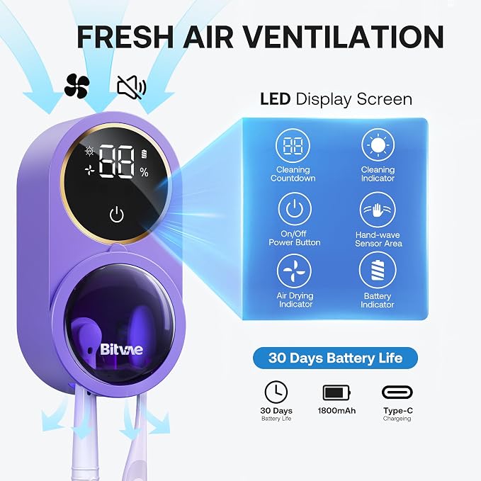 Bitvae Tooth Brush Holder for Bathroom Infrared Sensing | Toothbrush Cleaner, Wall-Mounted for Any Size Toothbrushes, Air Drying, LED Smart Screen, Purple