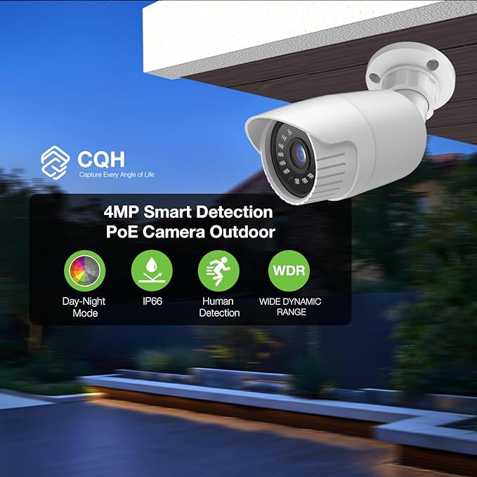 4MP PoE IP Turret Bullet Camera with, IP Security Camera Outdoor Indoor Wired, Night Vision 65ft, Human Motion Detection, Waterproof IP66, 2.8mm Lens, 24/7 Recording