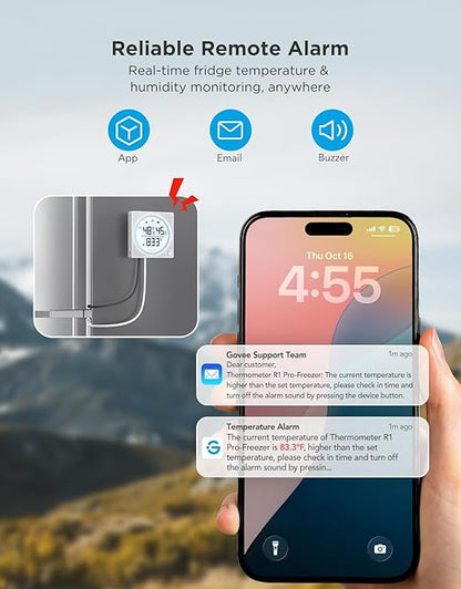 GoveeLife Upgraded Smart WiFi Refrigerator Thermometer Digital with Freezer Alarm, Wireless Magnetic Fridge Thermometer with Notification, LCD Display, Free Data Export for Fridge, Kitchen, Farming