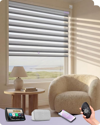 Graywind Motorized Zebra Blinds for Windows, Darkening Hardwired Smart Blinds with Remote Control, Dual Layer Custom Zebra Shades Work with Alexa, Google Home, Apple Homekit, Gradient Grey Silver
