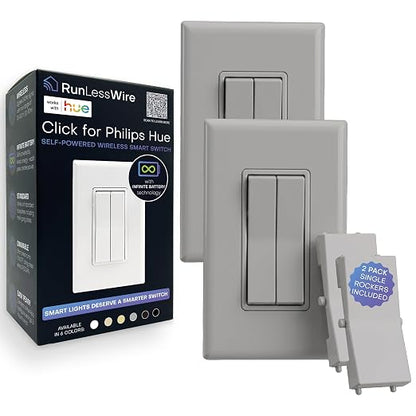 RunLessWire Click for Hue Battery-Free Wireless Smart Switch 2 Pack Gray | Dimmable Kinetic Switch Pairs Natively to Philips Hue Bridge, 4 Programmable Buttons to Control Scenes & Areas, 100ft Range