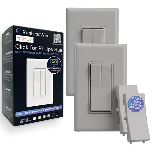 RunLessWire Click for Hue Battery-Free Wireless Smart Switch 2 Pack Gray | Dimmable Kinetic Switch Pairs Natively to Philips Hue Bridge, 4 Programmable Buttons to Control Scenes & Areas, 100ft Range