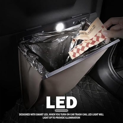 LED Car Trash Can Leak-Proof,Strong Magnetic Fast Closing Car Trash Bin as Cars Organizers and Storage,Cars Garbage Can with Automotive Trashs Bag for Backseat,Console,Door (Brown)