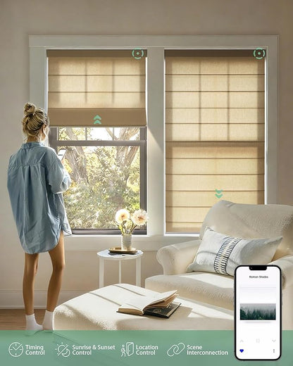 Yoolax Motorized Roman Shades with Remote, Smart Roman Shades for Indoor Windows, Light Filtering Automatic Blinds Work with Alexa, Google, Apple Homekit for Living Room, Customized (Haystack Yellow)