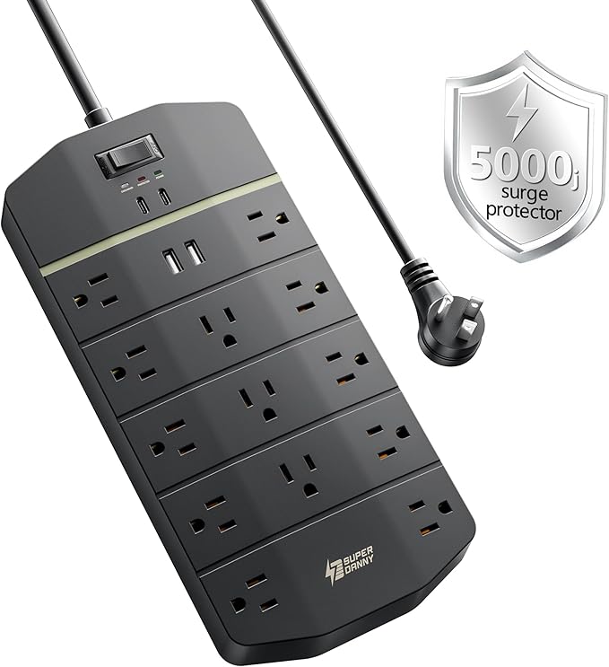 SUPERDANNY 15A Power Strip Surge Protector 5000 J with 13 AC Outlets 2 USB-A & 2 USB-C PD 20W Fast Charging Heavy Duty 14AWG/3C Industrial Grade 10ft Extension Cord for Workbench Home Office Black