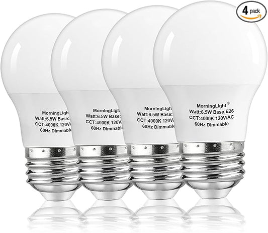 MorningLight A15 Ceiling Fan Light Bulbs 60 Watt Equivalent, 6.5W Dimmable LED Bulb Neutral White 4000K, 4 Pack A15 E26 6.5W LED Bulbs 60W for Pendant, Hallway Fixtures, 600LM Bulb