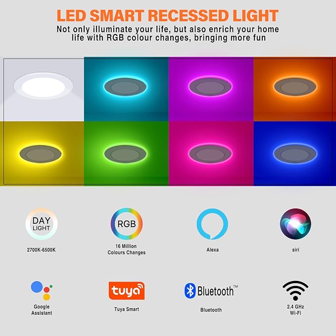 12Pack Smart RGB Recessed Lighting 4Inch,Ultra-Thin Canless LED Downlight,2.4GHz Wi-Fi Bluetooth, 2700K-6500K, 9W 810LM,Work with Tuya App,Alexa,Google Assistant,Sync Music