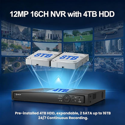 《Strobe Sound Light Alarm & 2-Way Audio》Anpviz 16CH 4K PoE Security Camera System, 16X 8MP Wired IP Turret Cameras Outdoor Metal, 12MP NVR with 4TB HDD, True Plug & Play for Business Home(H Series)