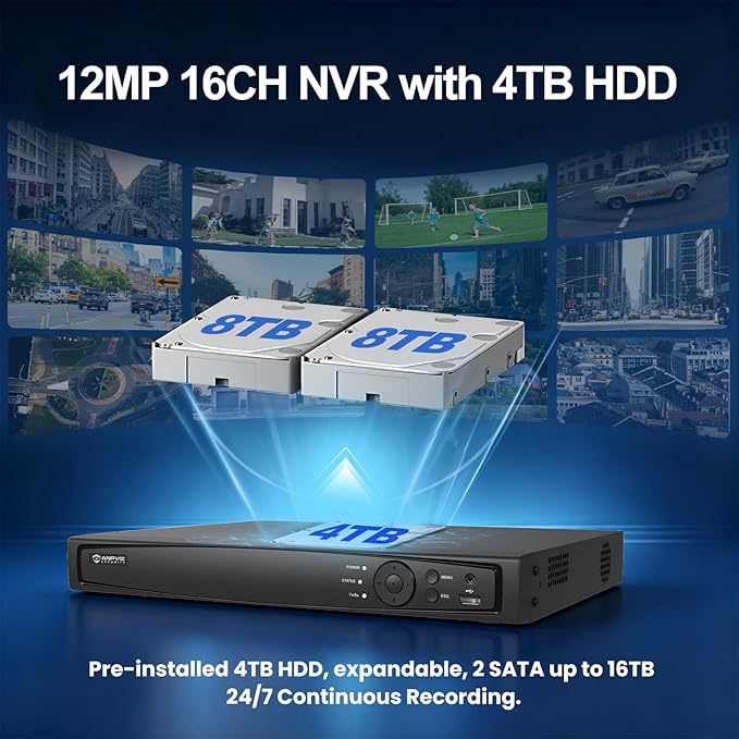 《Strobe Sound Light Alarm & 2-Way Audio》Anpviz 16CH 4K PoE Security Camera System, 8X 8MP Wired IP Turret Cameras Outdoor Metal, 12MP NVR with 4TB HDD, True Plug & Play for Business Home(H Series)