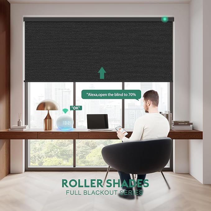 Motorized Blinds with Remote [100% Blackout & Silent Motor] Smart Blinds Compatible with Alexa Google HomeKit, Electric Roller Shades for Indoor Windows, Customized Size, Linear Nightfall