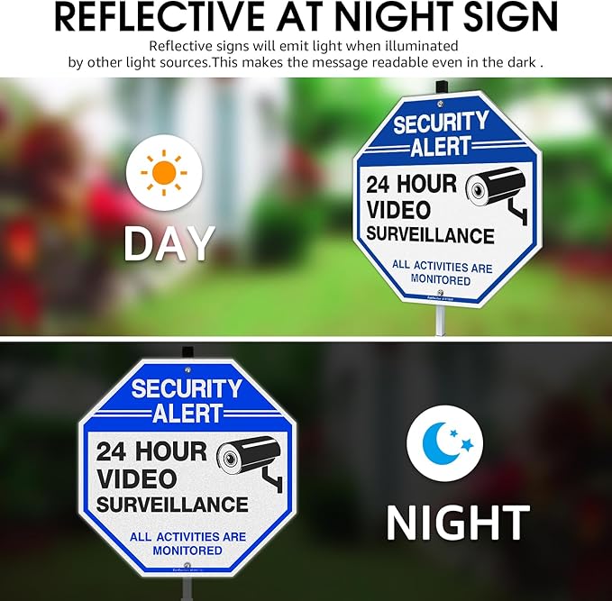 Faittoo Security Sign Video Surveillance Sign with 42" Stake, 4-Pack 10"x10" Rust Free Heavy Aluminum, Reflective, Fade Resistant, 2 Pre-drilled Holes, Includes Matching Screws & Wrench