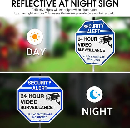Faittoo Security Sign Video Surveillance Sign with 42" Stake, 4-Pack 10"x10" Rust Free Heavy Aluminum, Reflective, Fade Resistant, 2 Pre-drilled Holes, Includes Matching Screws & Wrench
