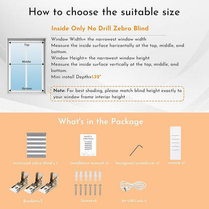 Persilux No Drill No Tools Smart Zebra Blinds, Dual Layer Privacy for Day and Night, Automatic Zebra Drilless Blackout Shades for Windows, Thermal Insulated,Custom Sizes,Bella Light Gray, RS20288-7