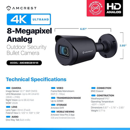 Amcrest 4K Analog Outdoor Security Camera, Bullet 4K (8MP) @15fps, CCTV-Coax-BNC, 98ft Night Vision, IP67 Metal, 125° Angle, Mic, Black (Not an IP Camera) (DVR Required, Not Included) (AMC4KBC28-B-V3)