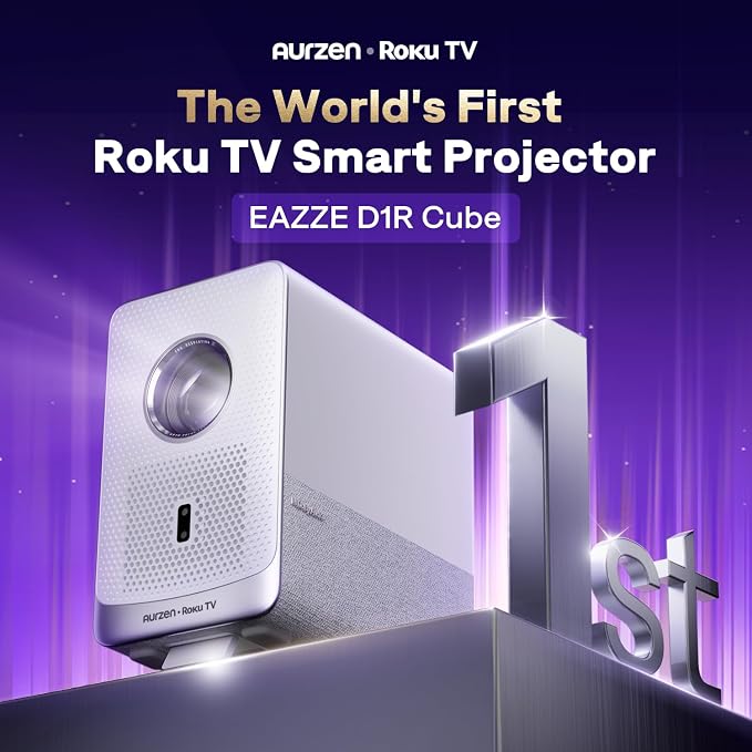 Aurzen Roku TV D1R Cube Smart Outdoor Projector with WiFi and Bluetooth | Roku TV Built-in, Sealed Optical Engine, 1080P FHD, DoIby Audio, Portable Mini Projector for Home/Outdoor Movie Soccer Game