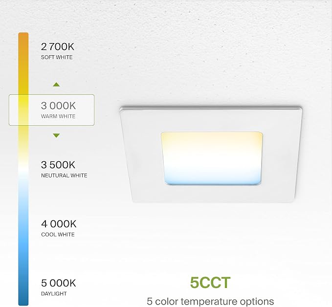 ASD 24 Pack LED Square Recessed Lighting 3 Inch, 5 CCT 2700K-5000K CRI90+, 6W 30W Eqv, Ultra Thin Dimmable Ceiling Lights with J Box, Canless Wafer Downlight, Slim Panel Light, UL Energy Star, White