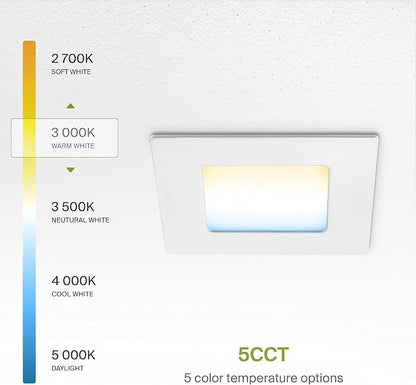 ASD 24 Pack LED Square Recessed Lighting 3 Inch, 5 CCT 2700K-5000K CRI90+, 6W 30W Eqv, Ultra Thin Dimmable Ceiling Lights with J Box, Canless Wafer Downlight, Slim Panel Light, UL Energy Star, White