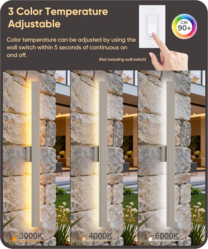 Aipsun 2 Packs Nickel Outdoor Wall Light 39.4inch Modern LED Exterior Wall Sconce, Long LED Linear Exterior Lights 3000K 4000K 6000K for Entrance, Hallway, Garage, Porch(3CCT)