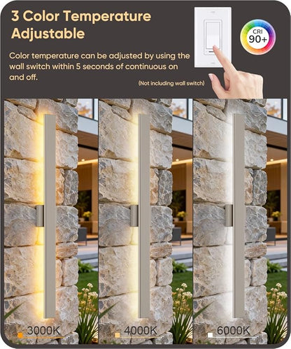 Aipsun 2 Packs Nickel Outdoor Wall Light 39.4inch Modern LED Exterior Wall Sconce, Long LED Linear Exterior Lights 3000K 4000K 6000K for Entrance, Hallway, Garage, Porch(3CCT)
