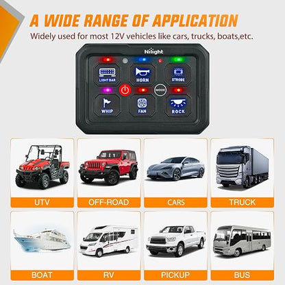 Nilight 6 Gang Switch Panel Green 12V 60A Circuit Control System 4-Mode | Fuse Wiring Harness Automatic Dimmable LED Pod Toggle/Momentary/Strobe/Flash Modes for Car Pickup Truck Camper SUV