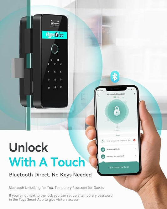 Upgrade Smart Glass Door Locks for Frameless Glass Doors–Keyless Entry Deadbolts with Bluetooth App Control,Fingerprint,IC Card,Voice Menu and No-Drill Installation,Office Home Business