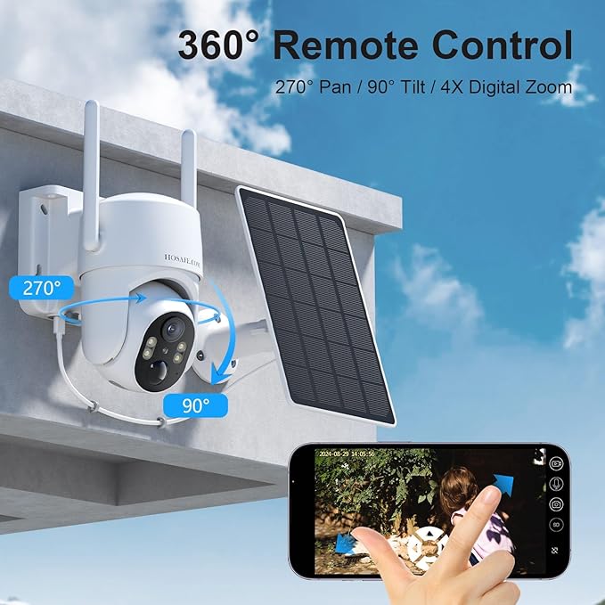 Outdoor Security Camera Wireless, 360° PTZ Remote Wireless Cameras for Home Security Solar Powered, 2K Solar Security Camera with Spotlight Color Night Vision, Free Cloud Storage(Need Apply) ,2 Pack
