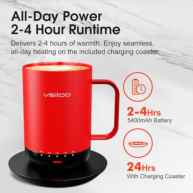 Vsitoo S3 Pro 16oz Smart Self Heating Coffee Mug,Heated Coffee Mug with Auto-Sensing AI Heats Drinks to 120-150°F Hands-Free.Perfect for Home/Office,Ideal Gift fo Men/Women, Red