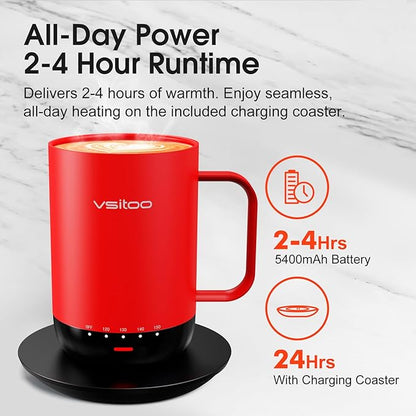 Vsitoo S3 Pro 16oz Smart Self Heating Coffee Mug,Heated Coffee Mug with Auto-Sensing AI Heats Drinks to 120-150°F Hands-Free.Perfect for Home/Office,Ideal Gift fo Men/Women, Red