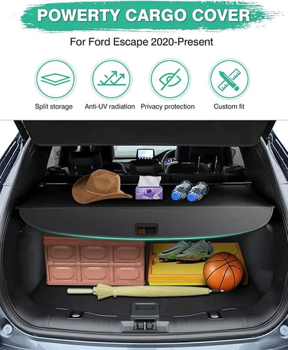 Powerty Cargo Cover for 2020-2024 2025 Ford Escape Accessories Trunk Cover Retractable Trunk Shielding Shade Cargo Luggage Cover Black