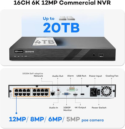 ONWOTE Face Recognition & AcuSearch, 2 Way Audio, 16 Channel Security Camera System, Smart Color Night, 16x 5MP 30FPS Vandal Proof PoE IP Cameras, 16CH 6K 4K 12MP Commercial NVR, Total 1280ft Cables