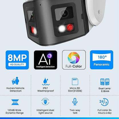 VIKYLIN 180° Dual-Lens 4K 8MP PoE IP Security Panoramic Turret Camera,Two Way Audio, AI Human Vehicle Detection Trigger Color Night Vision, SD Card (512GB),NDAA Complaint