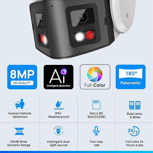 VIKYLIN 180° Dual-Lens 4K 8MP PoE IP Security Panoramic Turret Camera,Two Way Audio, AI Human Vehicle Detection Trigger Color Night Vision, SD Card (512GB),NDAA Complaint