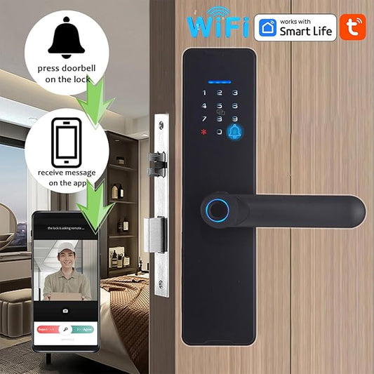 Smart Lock WiFi Keyless Entry Door Lock TY APP, Fingerprint, Password, Card, Mechanical Key Unlocking Methods Door Lock for 35-60mm Thickness Office Home Bedroom Door
