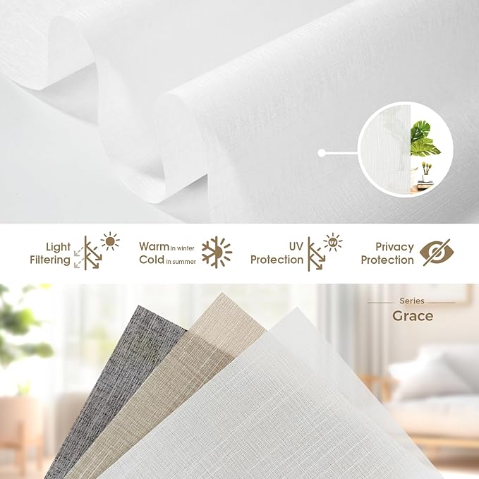 HeyBlinds Motorized Blinds with Remote, Smart Roller Shades with App & Voice Control, Work with Alexa Google HomeKit, Light Filtering Custom Window Shades for Living Room Office (Grace-Perla White LF)