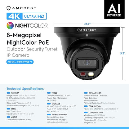 Amcrest 2-Pack UltraHD 4K (8MP) IP PoE AI Camera, 49ft Nightcolor, Security Outdoor Turret Camera, Built-in Mic, Human Detection, Active Deterrent, 129° FOV, 4K@15fps 2PACK-IP8M-2779EB-AI (Black)