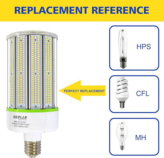 GEPLAD 400W LED Corn Bulb, E39 Mogul Base, 5000K Daylight, 56,000 Lumens, Equivalent to 1200W MH/HPS/HID, Non-Dimmable for Street, Shop, Warehouse, Parking Lot Lighting