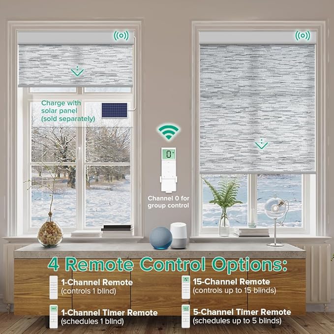 Motorized Roller Shades, Light Filtering Remote Control Custom Window Shades Compatible with Alexa Google Assistant via RF Hub, Rechargeable Electric Blinds for Windows (Texture Grey)