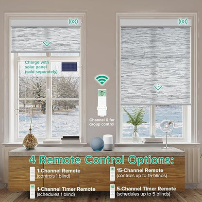 Motorized Roller Shades, Light Filtering Remote Control Custom Window Shades Compatible with Alexa Google Assistant via RF Hub, Rechargeable Electric Blinds for Windows (Texture Grey)