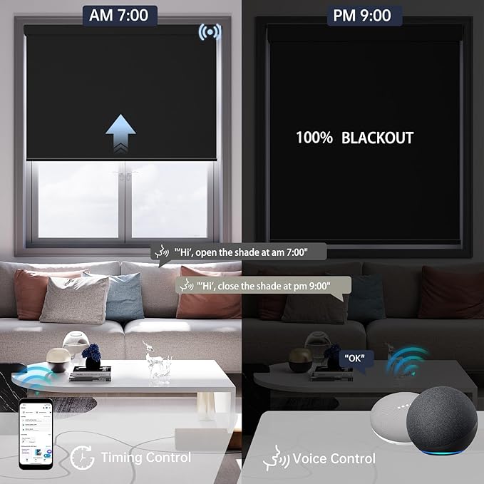 Motorized Blinds with Remote, Blackout Smart Blinds for Windows Automatic Roller Shades Compatible with Alexa, Motorized Shades Customized for Bedroom Home Office (Blackout-Fabric Black)