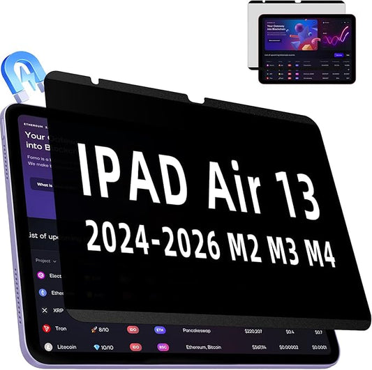 IPROKKO Magnetic Privacy Screen Protector Compatible With iPad Air 13 Inch M4 M3 M2 (2026 2025 2024, 8th 7th 6th), Removable Anti Blue Light Glare Spy Private Filter Black Security Screen Cover for School Office Cafe