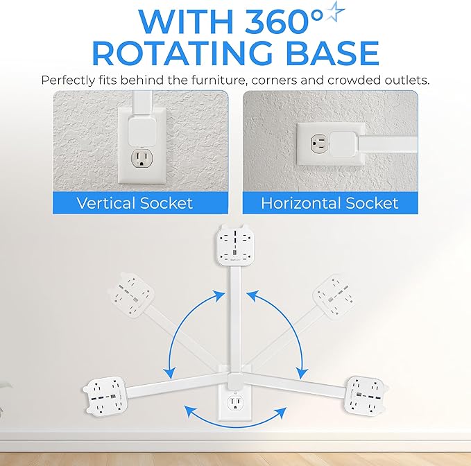 Electrical Outlet Extender Stick, 360° Rotating Wall Outlet Expander with 4 AC Outlets, USB-C PD 20W Fast Charging, 2 USB-A & 2 USB-C Ports, 18"-27" Adjustable Power Strip for Hard-to-Reach Outlets