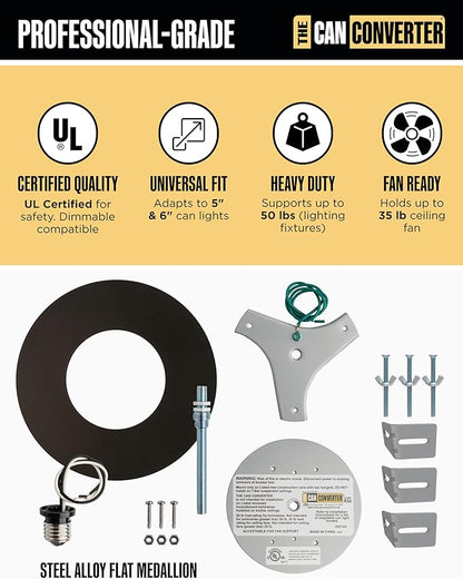 The Can Converter R56 Recessed Can Light Conversion Kit w/ 7"¾ Flat Ceiling Medallion - Home Improvement for 5" & 6" Cans, Converter Kit for Ceiling Fan & Light Fixture, UL Certified, Matte Black