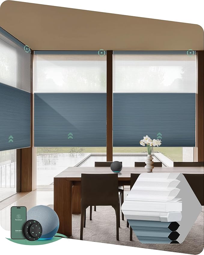 Yoolax Smart Motorized Day and Night Cellular Shades with Remote, Top Down Bottom Up Blinds Compatible with Alexa, Blackout and Light Filtering Honeycomb Blinds (Blue)