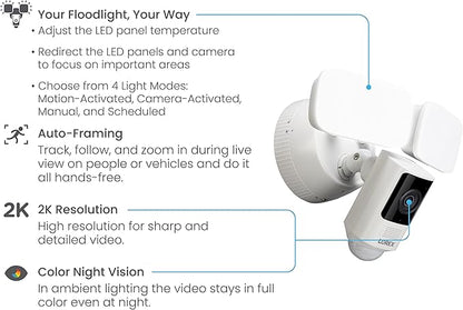 Lorex 2K Wi-Fi Floodlight Security Camera | White | 32GB MicroSD Card Included | No Monthly Fee | Color Night Vision | Motion Detection | 2-Way Talk | Siren | IP65 Weatherproof | Adjustable LEDs