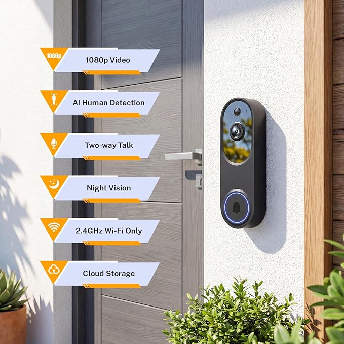 Video Doorbell Camera, Wireless Security Camera, 1080p, Battery Powered, AI Motion Detection, Night Vision, Two-Way Audio, Cloud Storage, 2.4 GWi-Fi, for Visitor, Baby Monitor